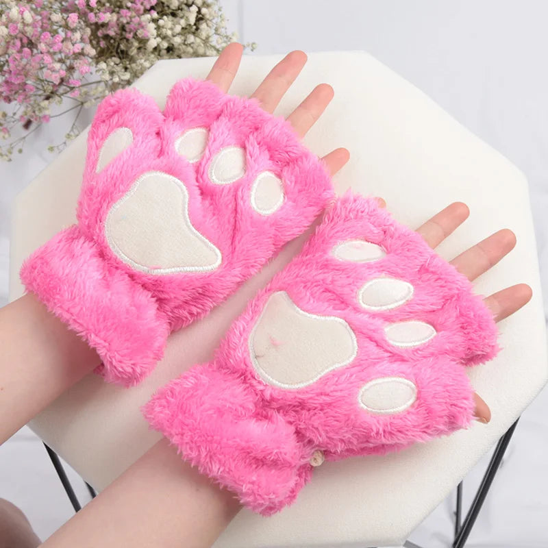 Women Cartoon Cat Claw Gloves Thickened Plush Lovely Style Bear Paw Exposed Fingers Half Winter Mittens Warm Girls Gift Gloves