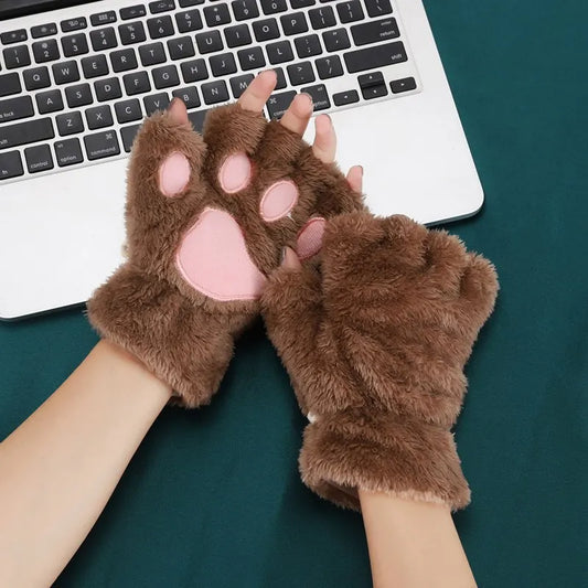 Women Cartoon Cat Claw Gloves Thickened Plush Lovely Style Bear Paw Exposed Fingers Half Winter Mittens Warm Girls Gift Gloves