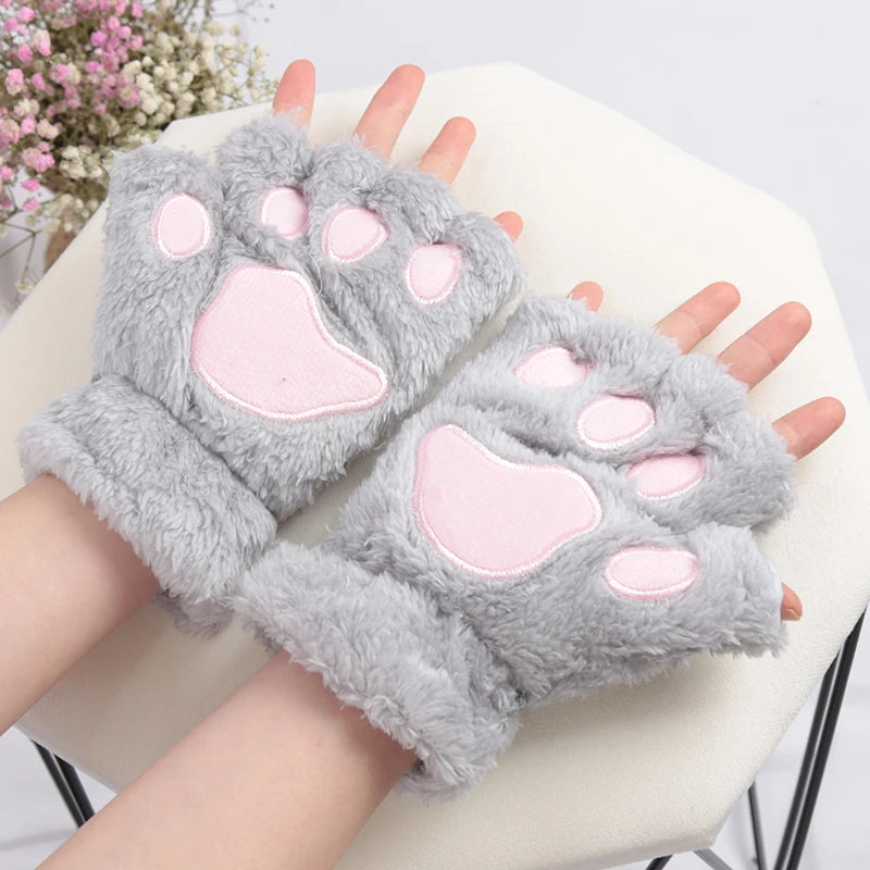 Women Cartoon Cat Claw Gloves Thickened Plush Lovely Style Bear Paw Exposed Fingers Half Winter Mittens Warm Girls Gift Gloves