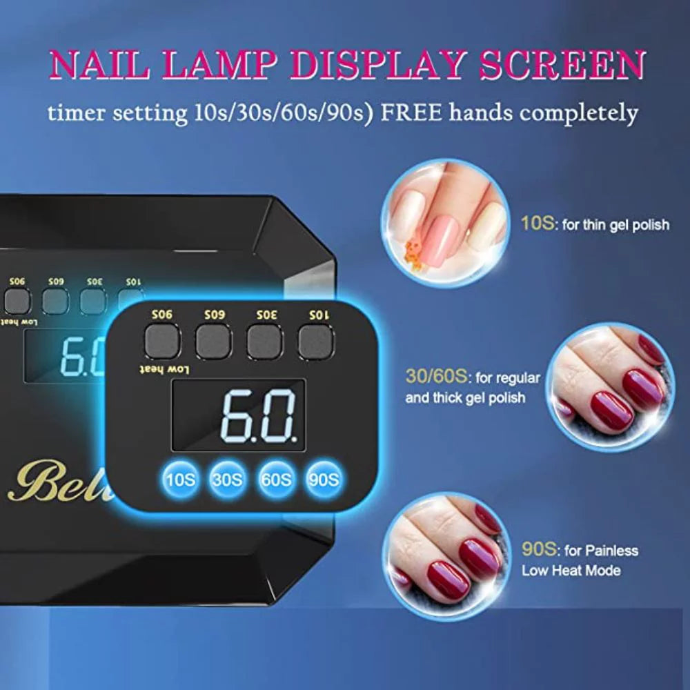 Belle Cordless UV LED Nail Lamp, 54W Gel Dryer with Auto Sensor & Timer for Acrylic Nails - Black