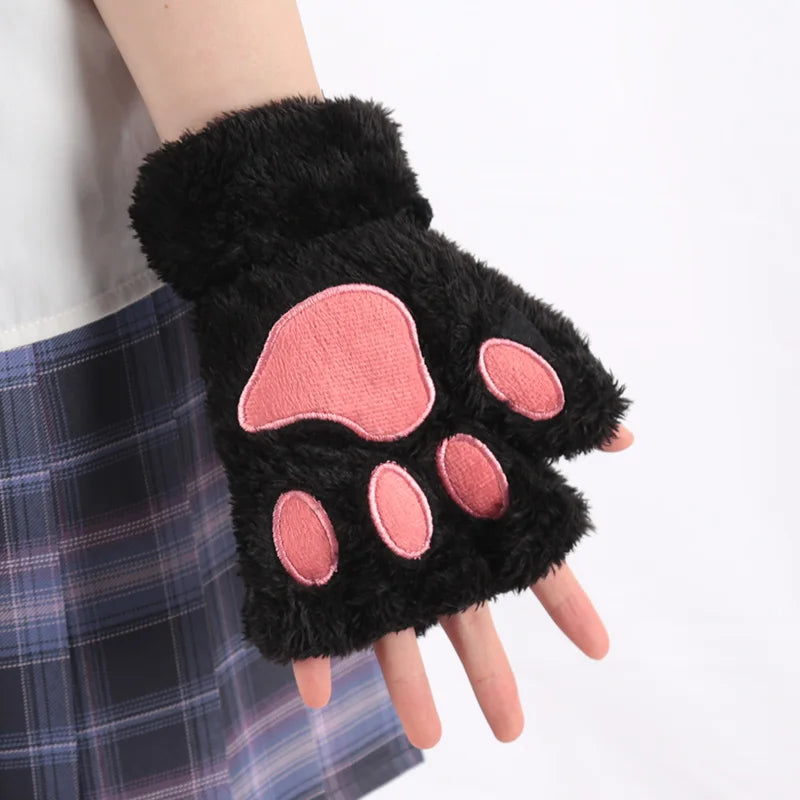 Women Cartoon Cat Claw Gloves Thickened Plush Lovely Style Bear Paw Exposed Fingers Half Winter Mittens Warm Girls Gift Gloves