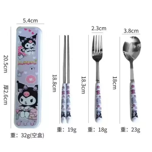 Sanrio Hellokitty Mymelody Cinnamoroll Cute Cutlery Student Portable 304 Stainless Steel Cutlery Spoon Fork Chopsticks Set