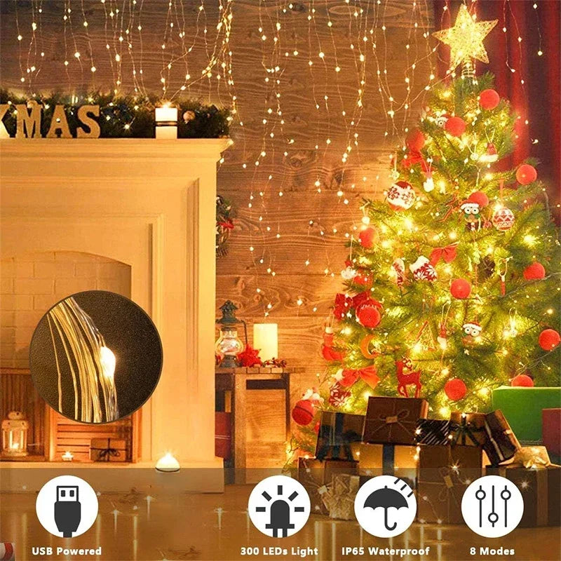 300 LED Remote Control Christmas Curtain Lights, Plug in Fairy Curtain Lights Outdoor, Window Wall Hanging Curtain String Lights for Bedroom Backdrop Wedding Party Indoor Decor, Warm White