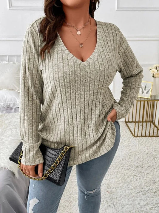 V-Neck Long Sleeve Plus Size Ribbed Knit Top