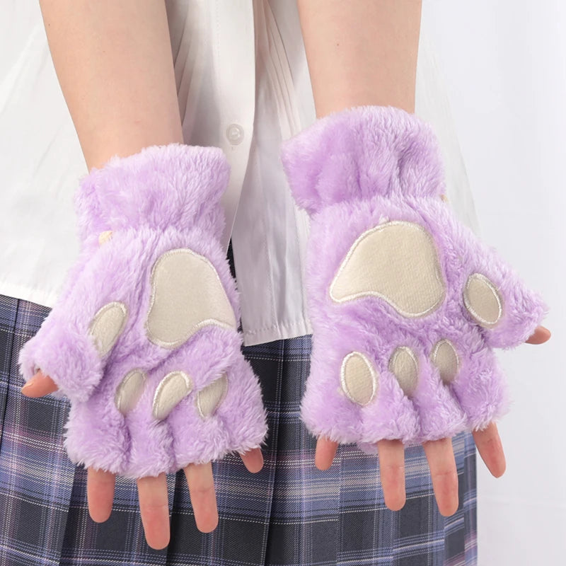 Women Cartoon Cat Claw Gloves Thickened Plush Lovely Style Bear Paw Exposed Fingers Half Winter Mittens Warm Girls Gift Gloves