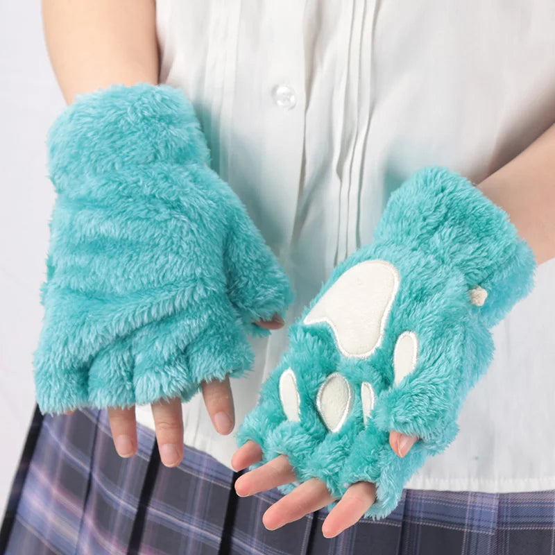 Women Cartoon Cat Claw Gloves Thickened Plush Lovely Style Bear Paw Exposed Fingers Half Winter Mittens Warm Girls Gift Gloves