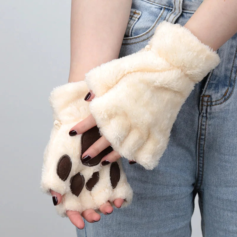 Women Cartoon Cat Claw Gloves Thickened Plush Lovely Style Bear Paw Exposed Fingers Half Winter Mittens Warm Girls Gift Gloves