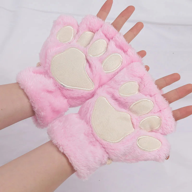 Women Cartoon Cat Claw Gloves Thickened Plush Lovely Style Bear Paw Exposed Fingers Half Winter Mittens Warm Girls Gift Gloves