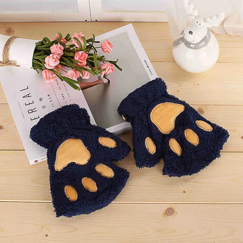 Women Cartoon Cat Claw Gloves Thickened Plush Lovely Style Bear Paw Exposed Fingers Half Winter Mittens Warm Girls Gift Gloves